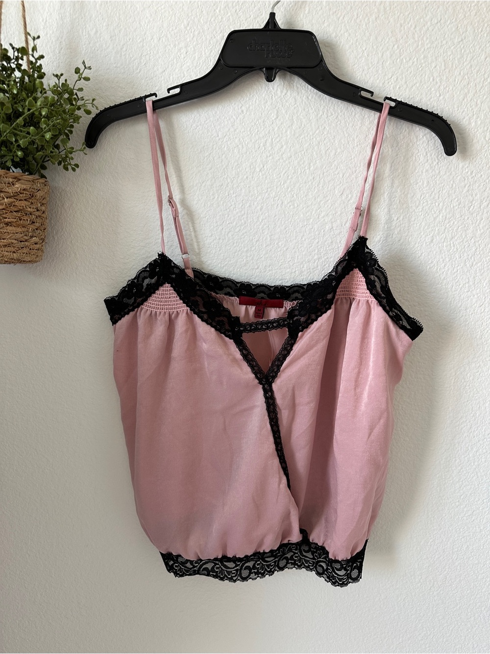 Buckle Pink Slip Top with Black Lace Trim